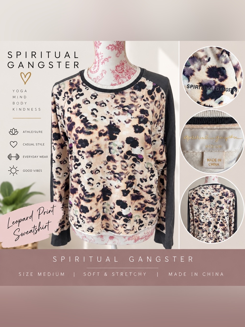 Spiritual Gangster Leopard Print Raglan Sweatshirt Top Women’s M